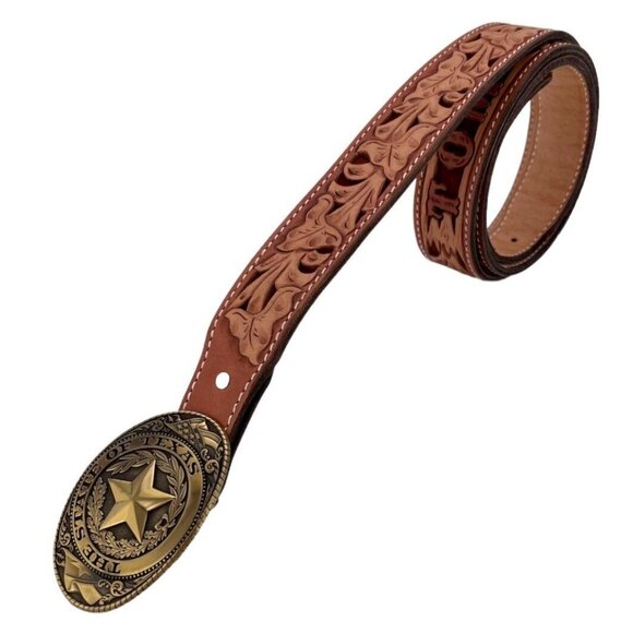 Size 66 Mens Belt Lone Star Buckle on Tooled Leather Belt Nubuck Floral - Picture 3 of 11